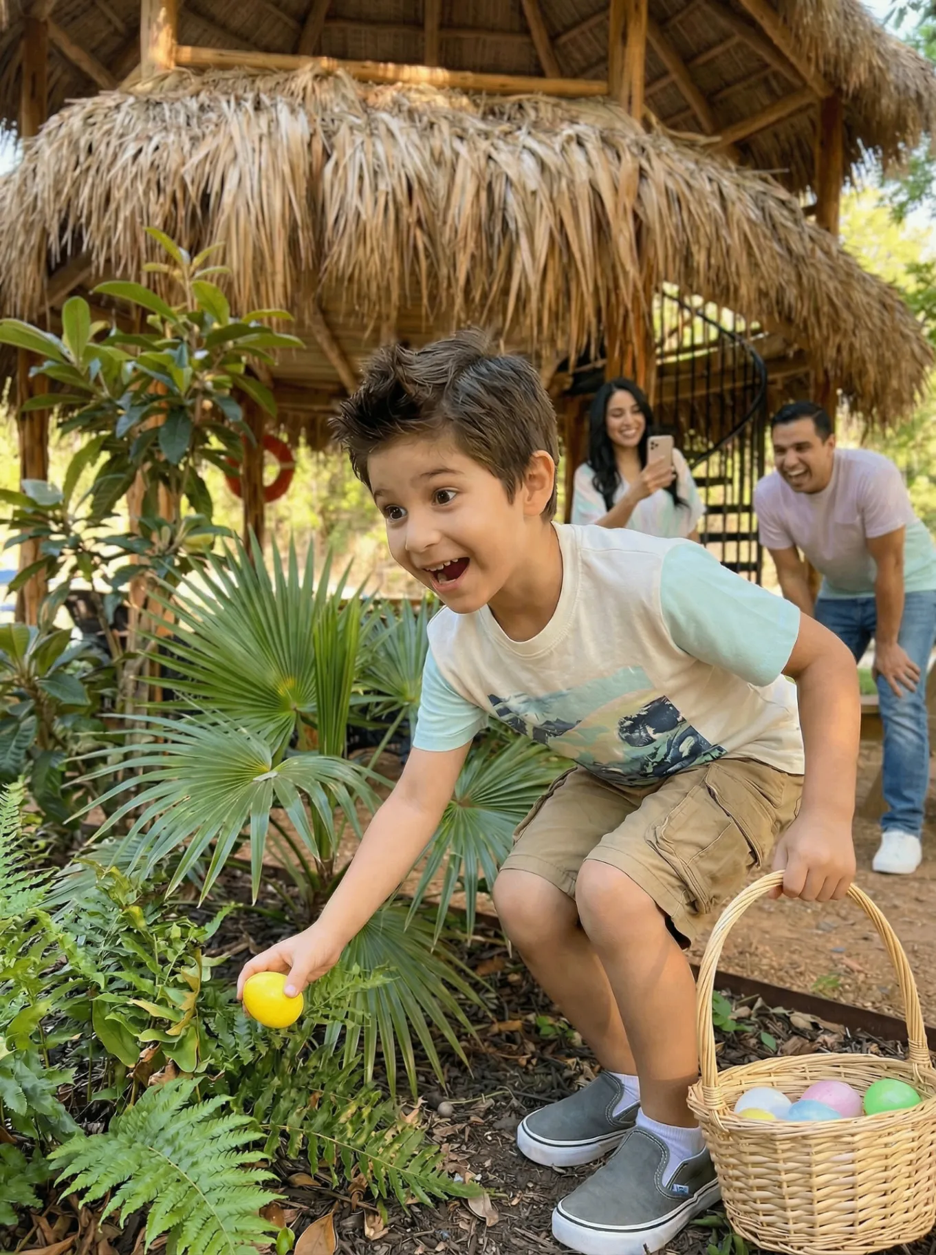 Child finding Easter eggs near riverside cabana