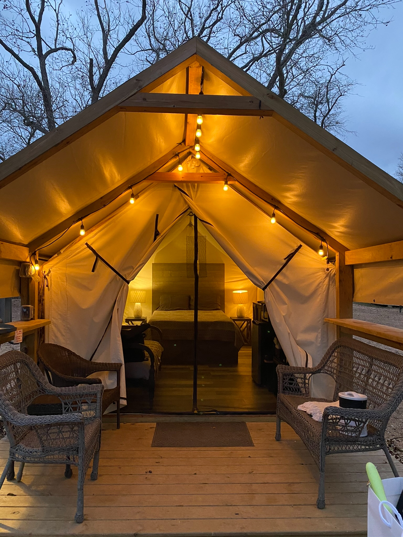 Glamping Cabin entrance at dusk