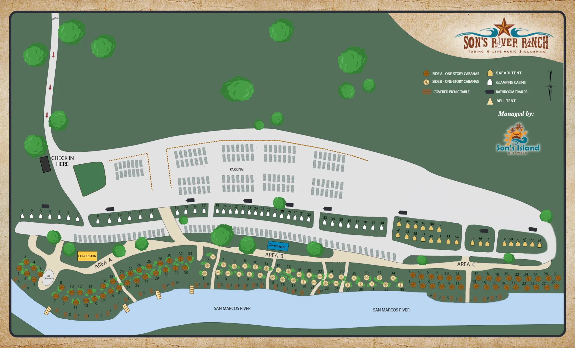 Son's River Ranch Property Map showing cabins, cabanas, river access, and amenities