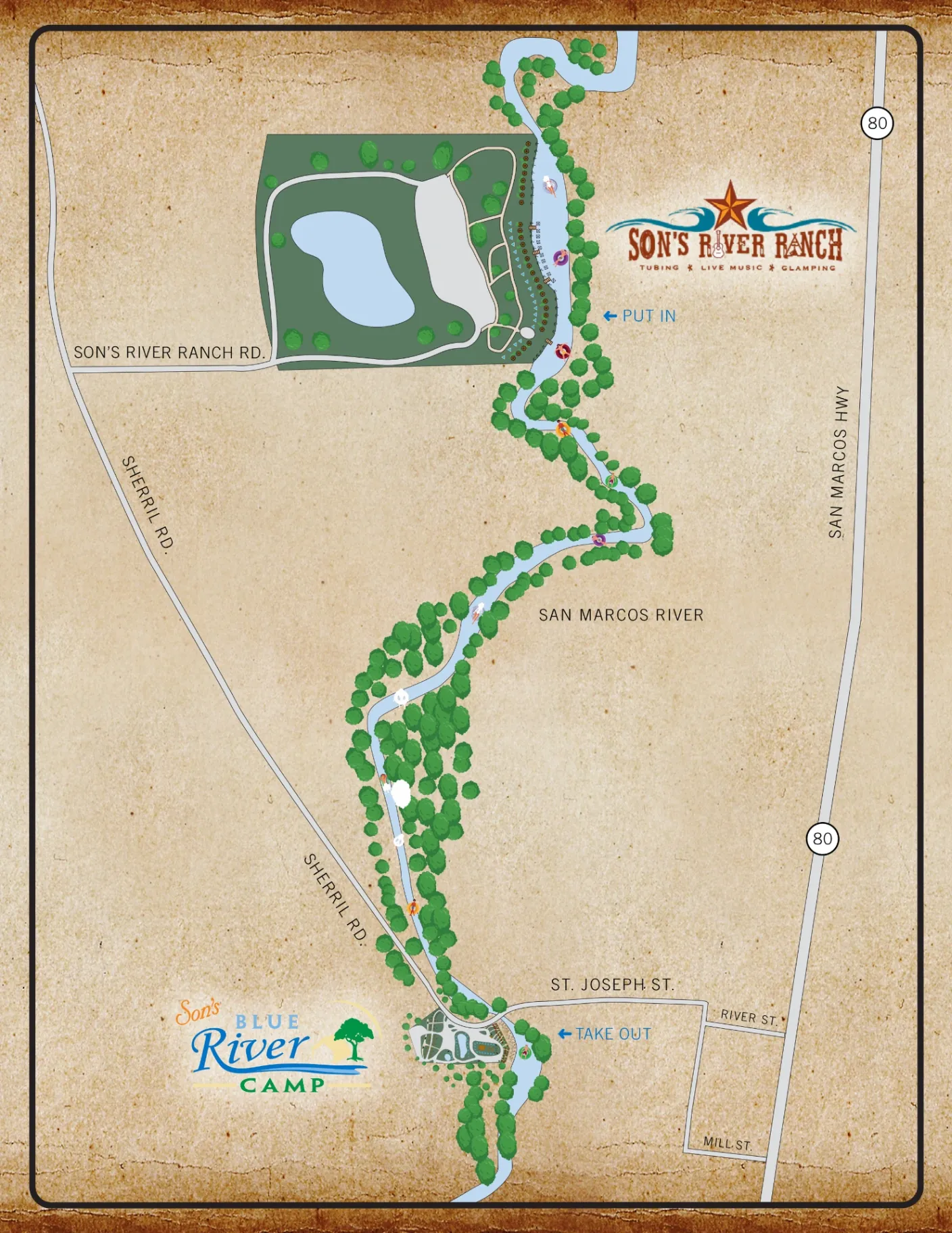 Son's River Ranch Tubing Route showing the 1.5 mile float from Son's River Ranch to Son's Blue River Camp